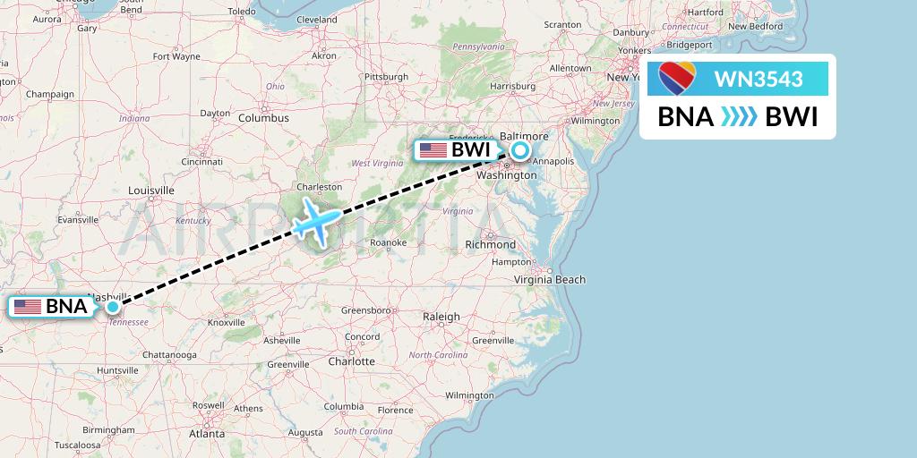 WN3543 Southwest Airlines Flight Map: Nashville to Baltimore