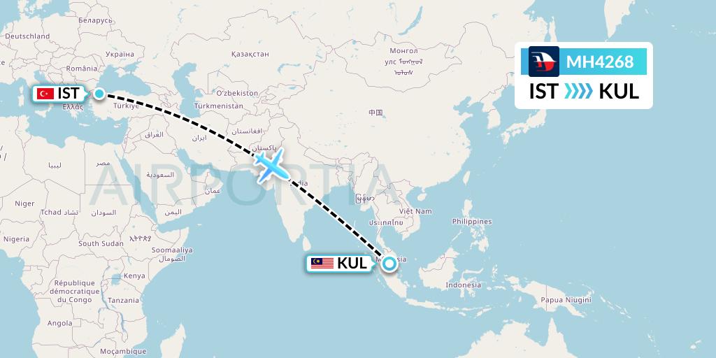 MH4268 Malaysia Airlines Flight Map: Istanbul to Kuala Lumpur