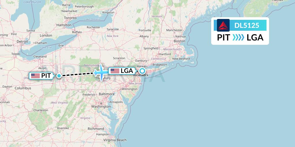 DL5125 Delta Air Lines Flight Map: Pittsburgh to New York