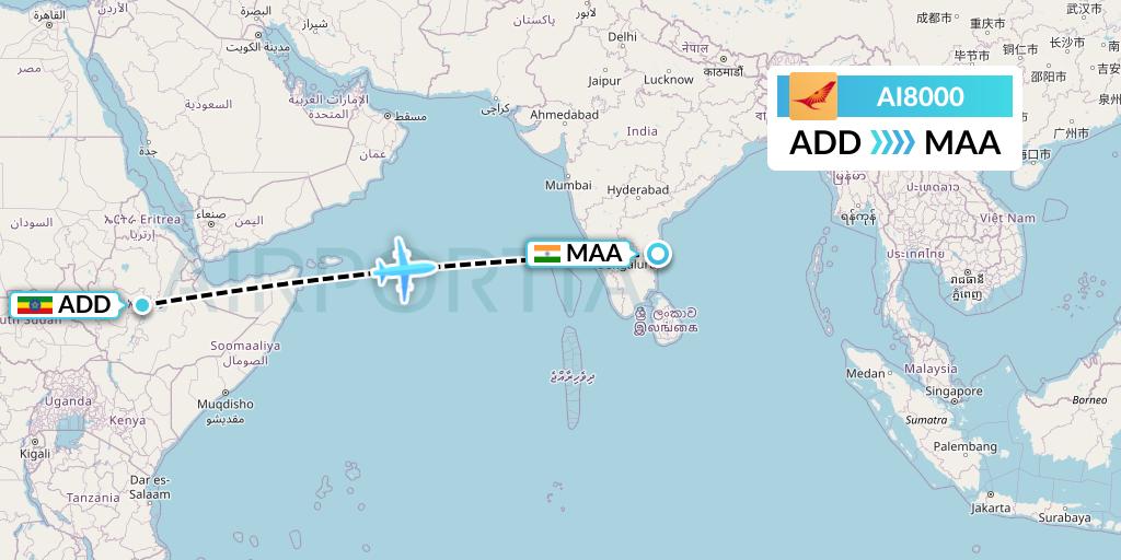 AI8000 Air India Flight Map: Addis Ababa to Chennai
