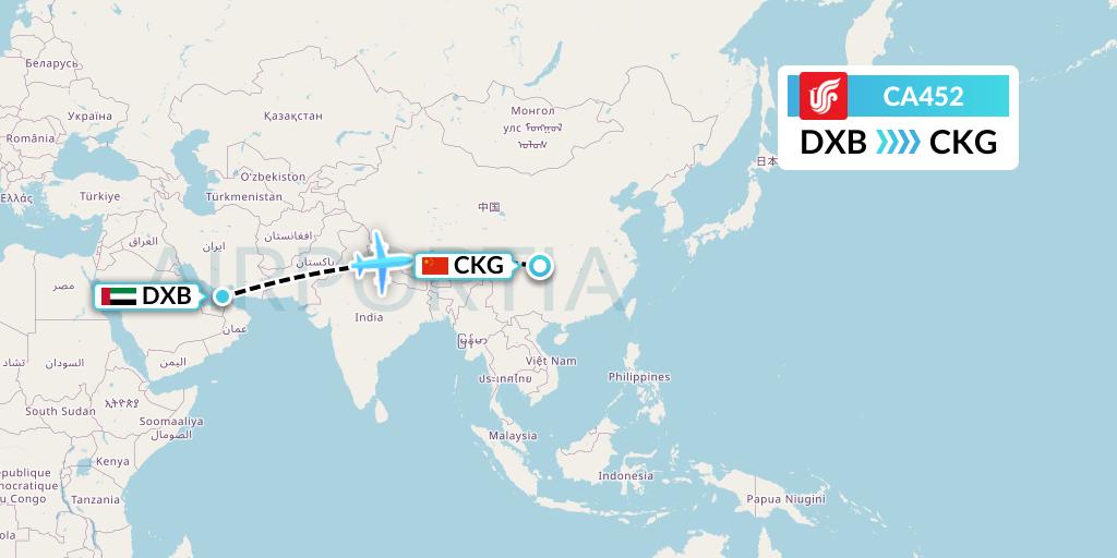 CA452 Air China Flight Map: Dubai to Chongqing