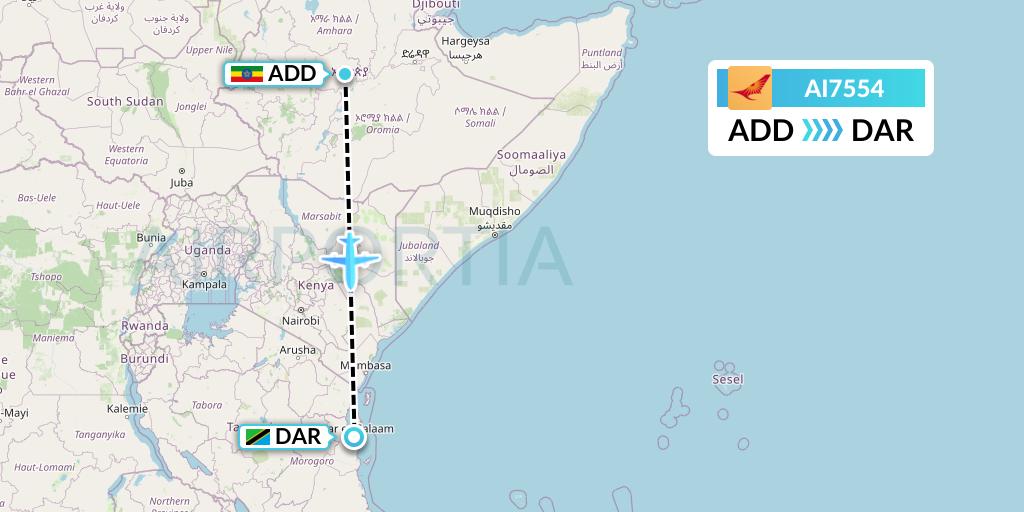 AI7554 Air India Flight Map: Addis Ababa to Dar-es-Salaam
