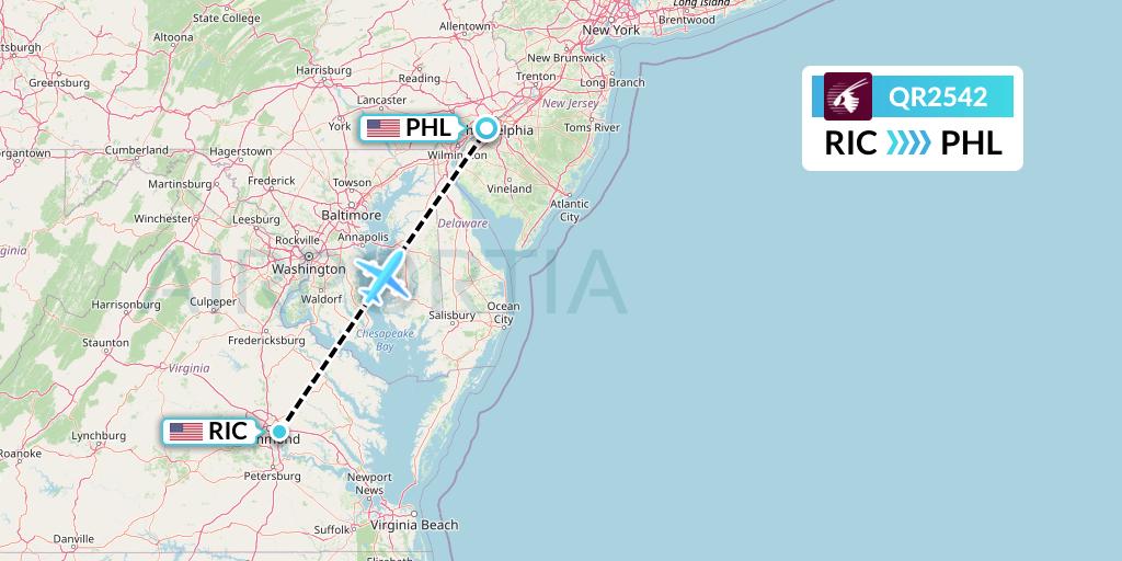QR2542 Qatar Airways Flight Map: Richmond to Philadelphia