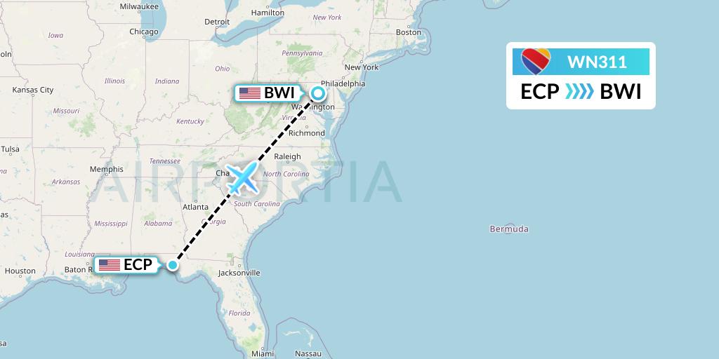 WN311 Southwest Airlines Flight Map: Panama City to Baltimore
