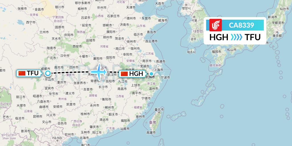CA8339 Air China Flight Map: Hangzhou to Chengdu