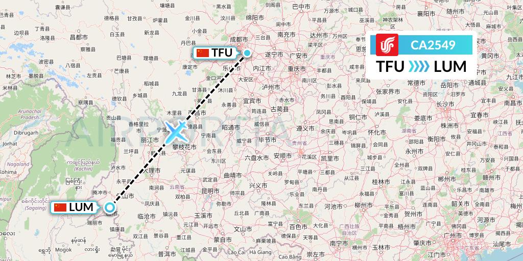 CA2549 Air China Flight Map: Chengdu to Mangshi