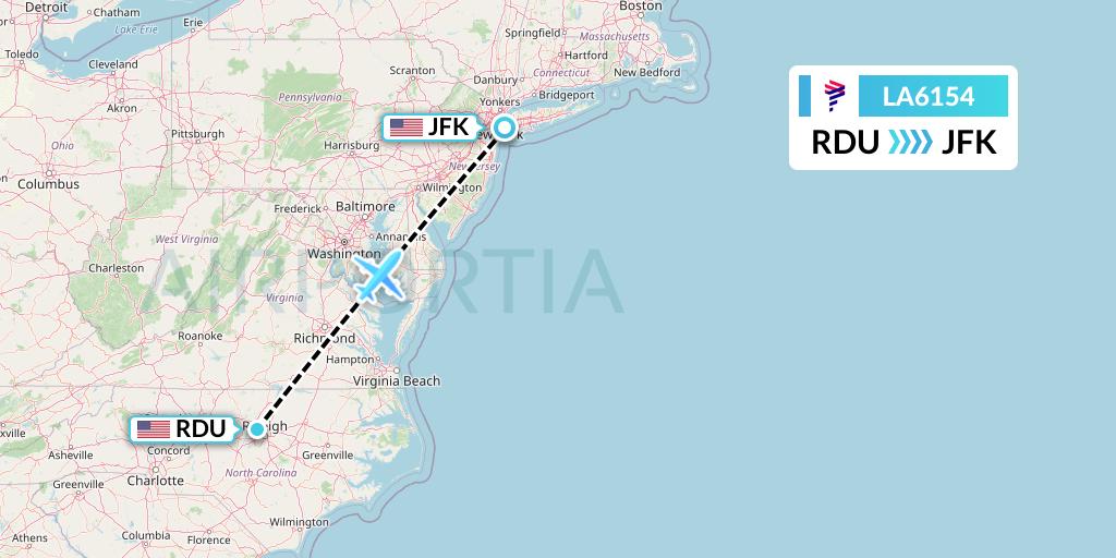 LA6154 LAN Airlines Flight Map: Raleigh-Durham to New York