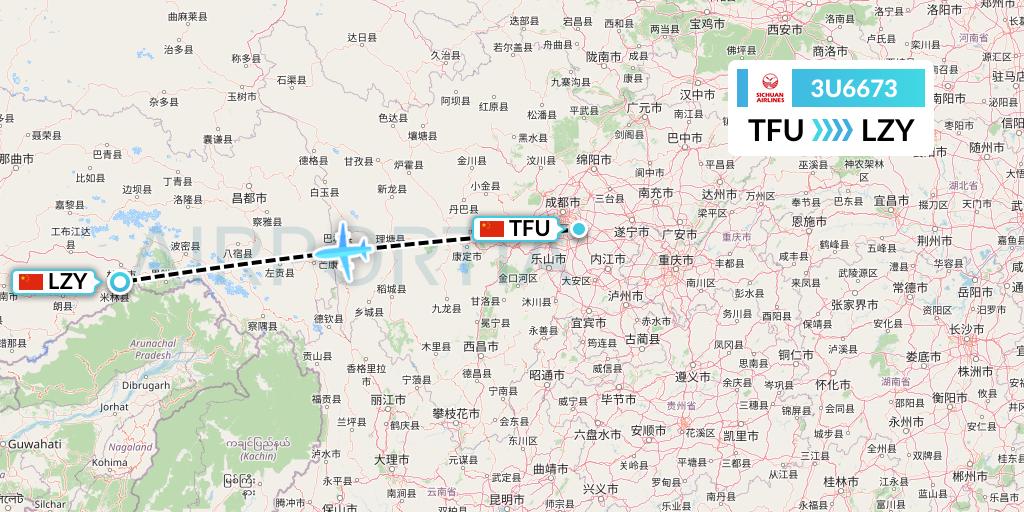 3U6673 Sichuan Airlines Flight Map: Chengdu to Nyingchi