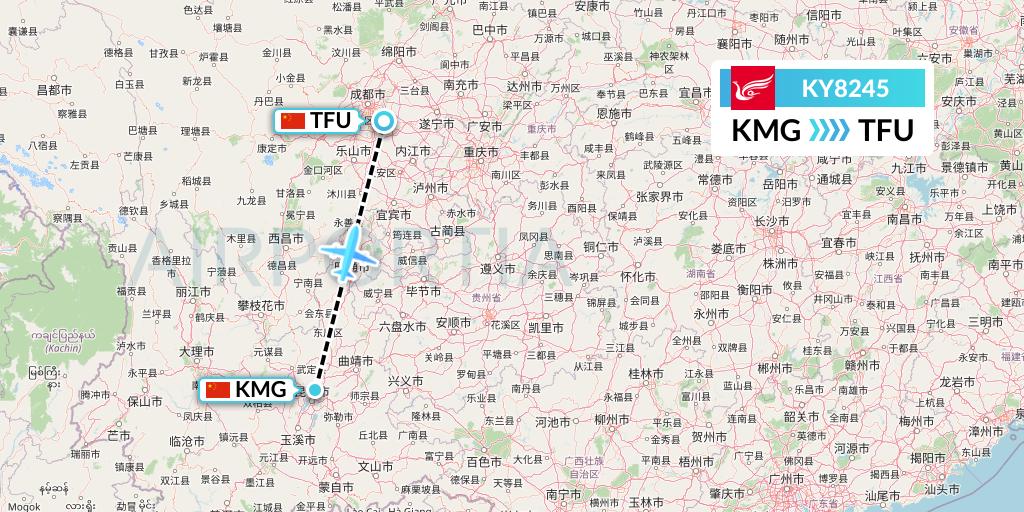 KY8245 Kunming Airlines Flight Map: Kunming to Chengdu