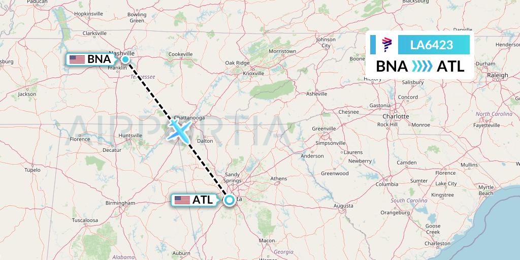 LA6423 LAN Airlines Flight Map: Nashville to Atlanta