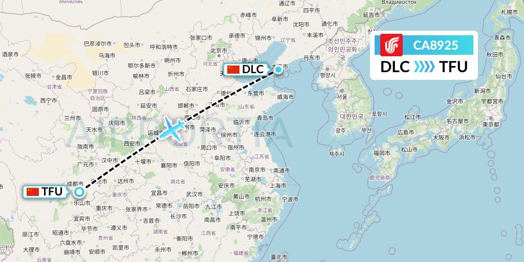 CA8925 Air China Flight Map: Dalian to Chengdu