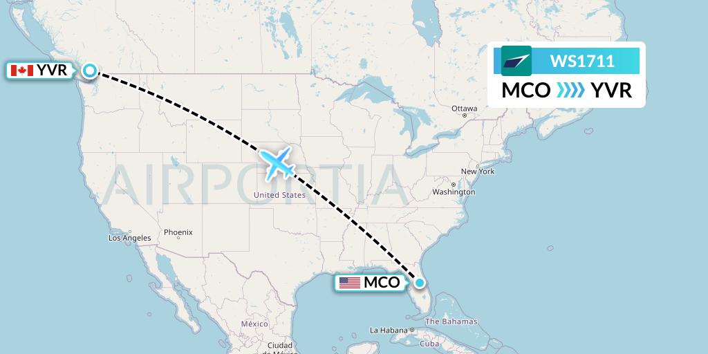 WS1711 WestJet Flight Map: Orlando to Vancouver