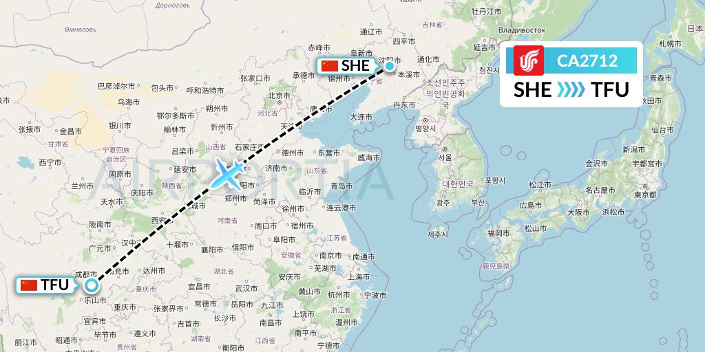 CA2712 Air China Flight Map: Shenyang to Chengdu