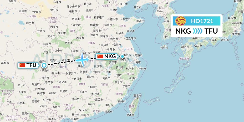 HO1721 Juneyao Airlines Flight Map: Nanjing to Chengdu