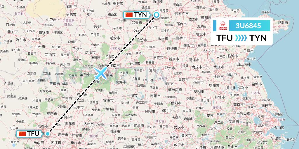 3U6845 Sichuan Airlines Flight Map: Chengdu to Taiyuan