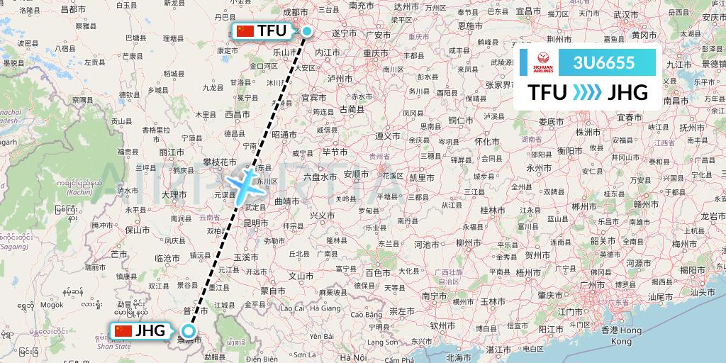 3U6655 Sichuan Airlines Flight Map: Chengdu to Jinghong