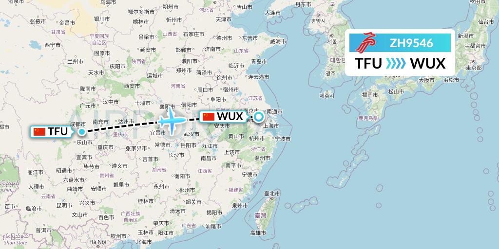 ZH9546 Shenzhen Airlines Flight Map: Chengdu to Wuxi