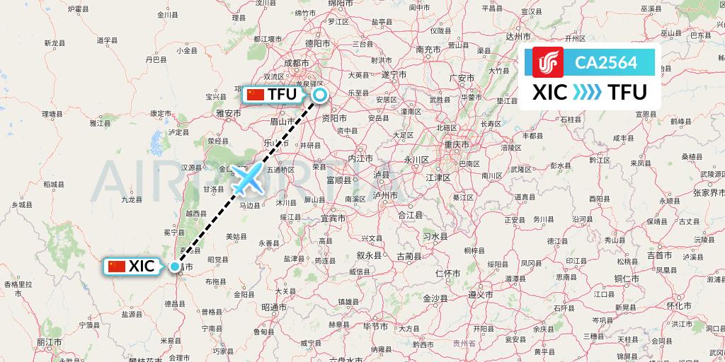 CA2564 Air China Flight Map: Xichang to Chengdu
