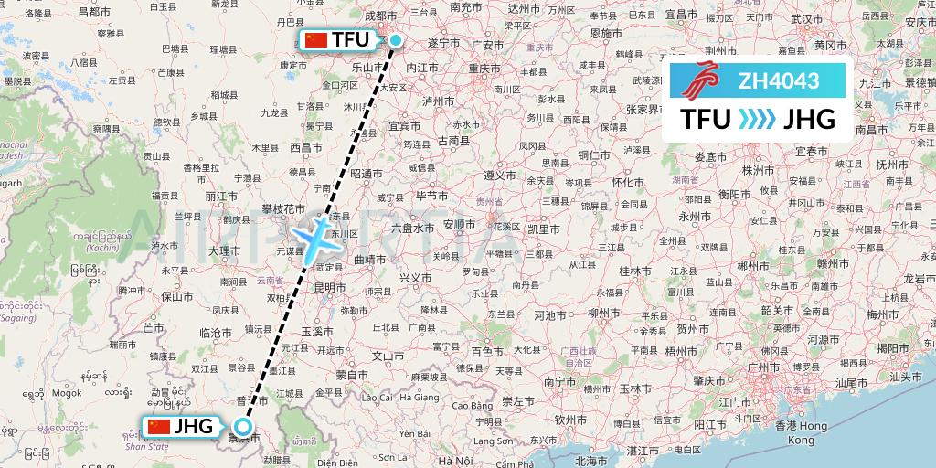 ZH4043 Shenzhen Airlines Flight Map: Chengdu to Jinghong