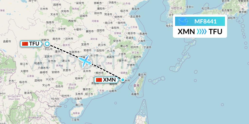 MF8441 Xiamen Airlines Flight Map: Xiamen to Chengdu
