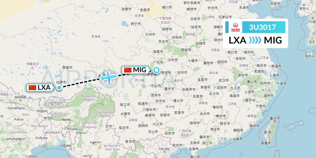 3U3017 Sichuan Airlines Flight Map: Lhasa to Mianyang