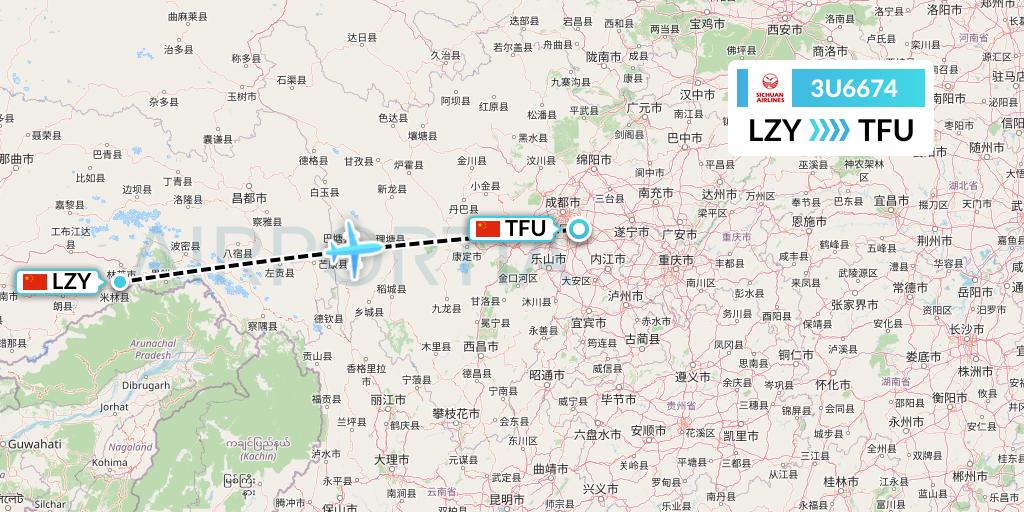 3U6674 Sichuan Airlines Flight Map: Nyingchi to Chengdu