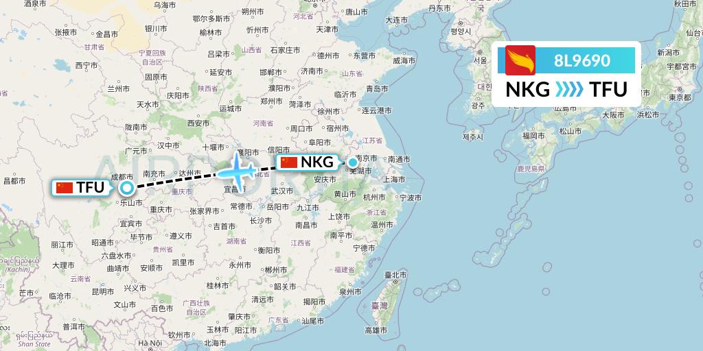 8L9690 Lucky Air Flight Map: Nanjing to Chengdu