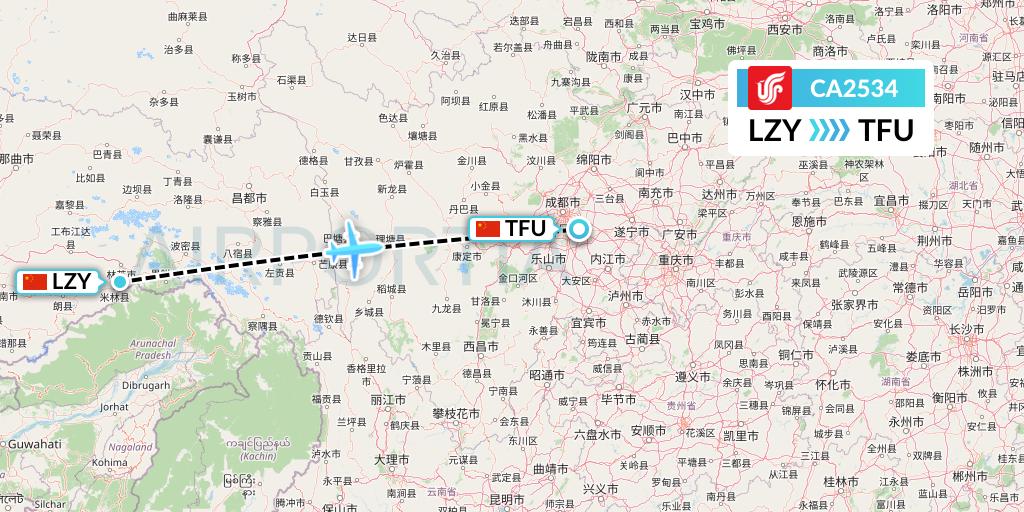 CA2534 Air China Flight Map: Nyingchi to Chengdu