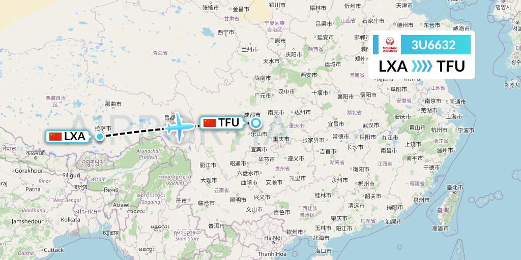 3U6632 Sichuan Airlines Flight Map: Lhasa to Chengdu