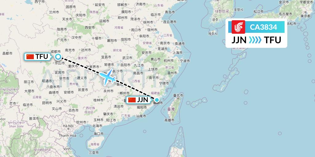 CA3834 Air China Flight Map: Jinjiang to Chengdu