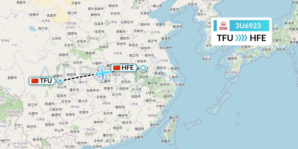 3U6923 Sichuan Airlines Flight Map: Chengdu to Hefei