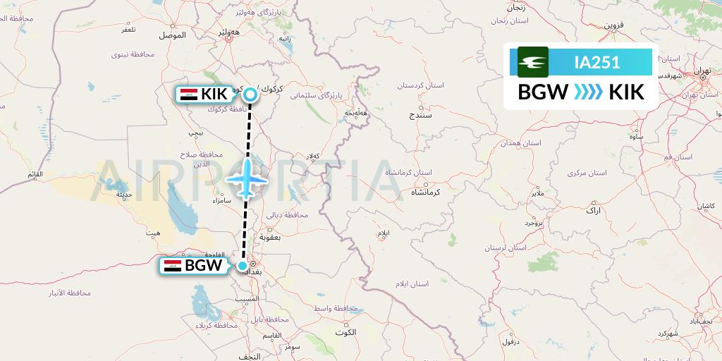 IA251 Iraqi Airways Flight Map: Baghdad to Kirkuk