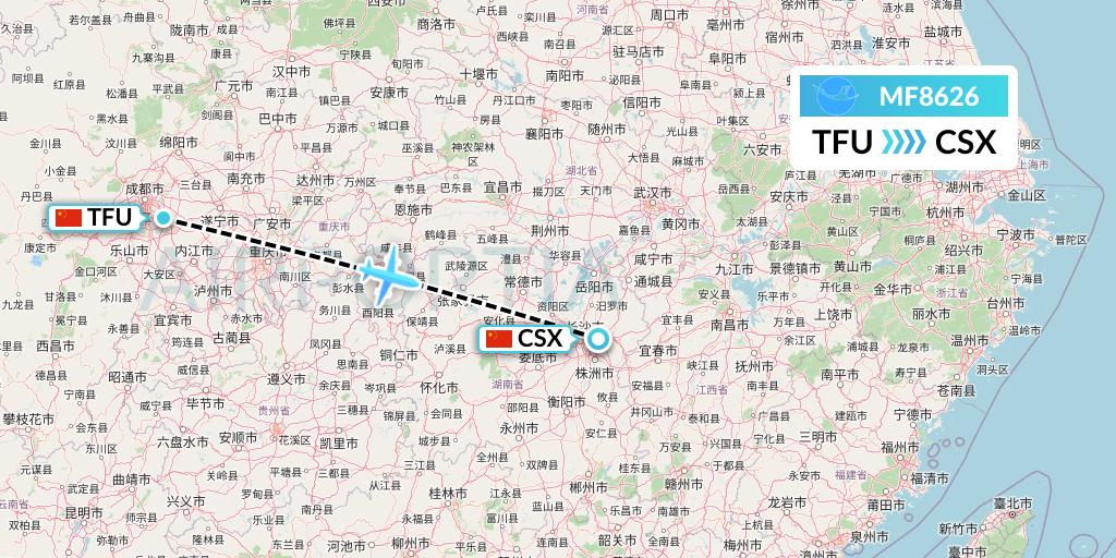 MF8626 Xiamen Airlines Flight Map: Chengdu to Changsha