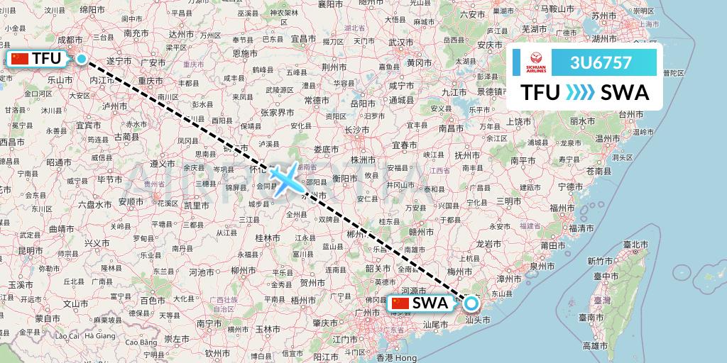 3U6757 Sichuan Airlines Flight Map: Chengdu to Jieyang
