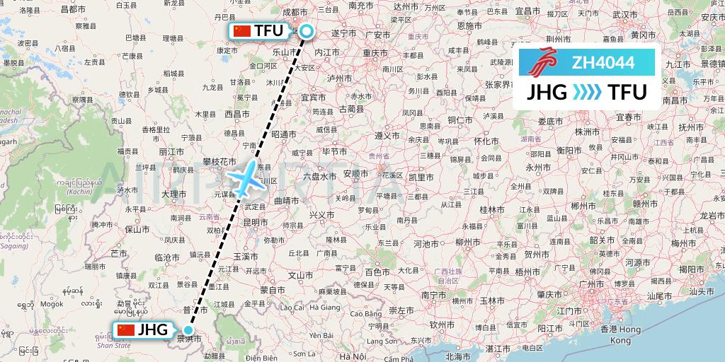 ZH4044 Shenzhen Airlines Flight Map: Jinghong to Chengdu