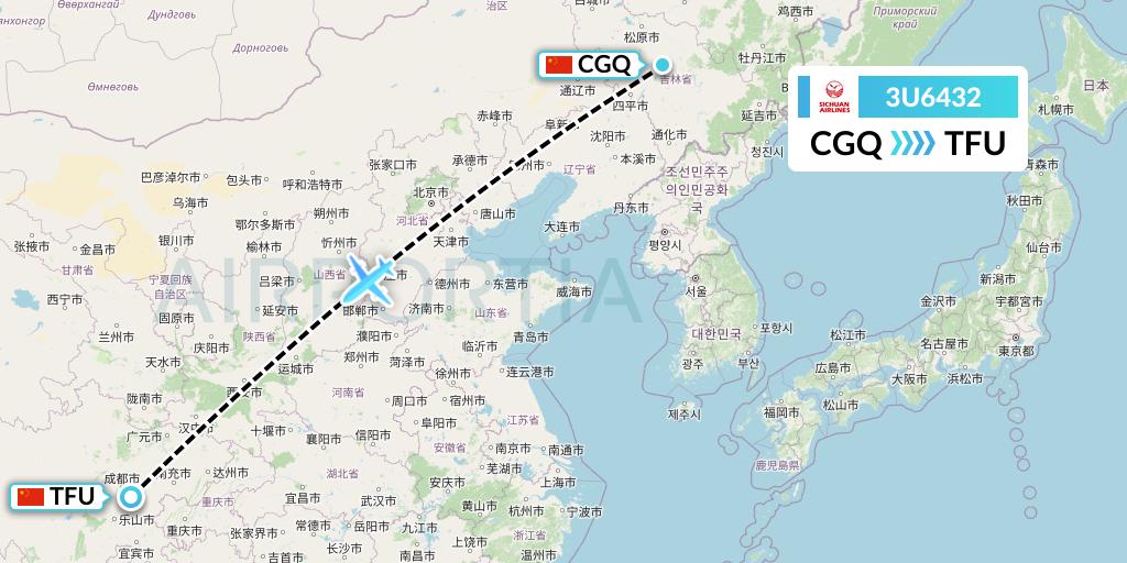 3U6432 Sichuan Airlines Flight Map: Changchun to Chengdu