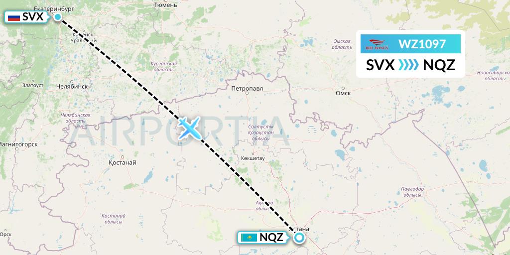 WZ1097 Red Wings Flight Map: Yekaterinburg to Astana