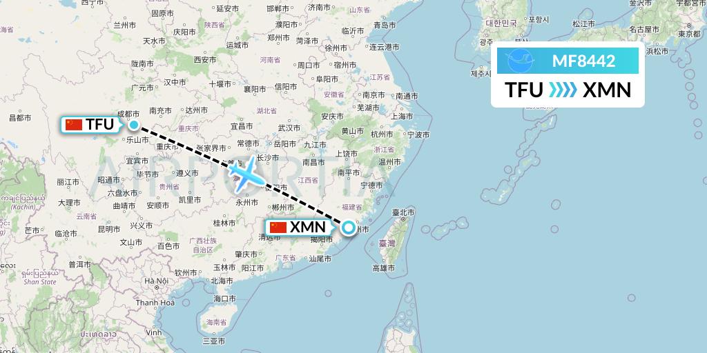 MF8442 Xiamen Airlines Flight Map: Chengdu to Xiamen