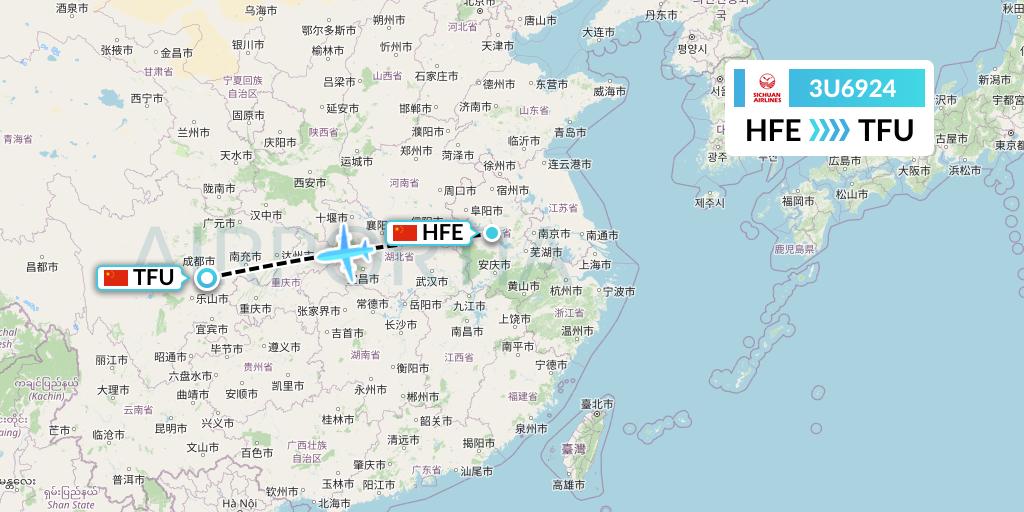 3U6924 Sichuan Airlines Flight Map: Hefei to Chengdu