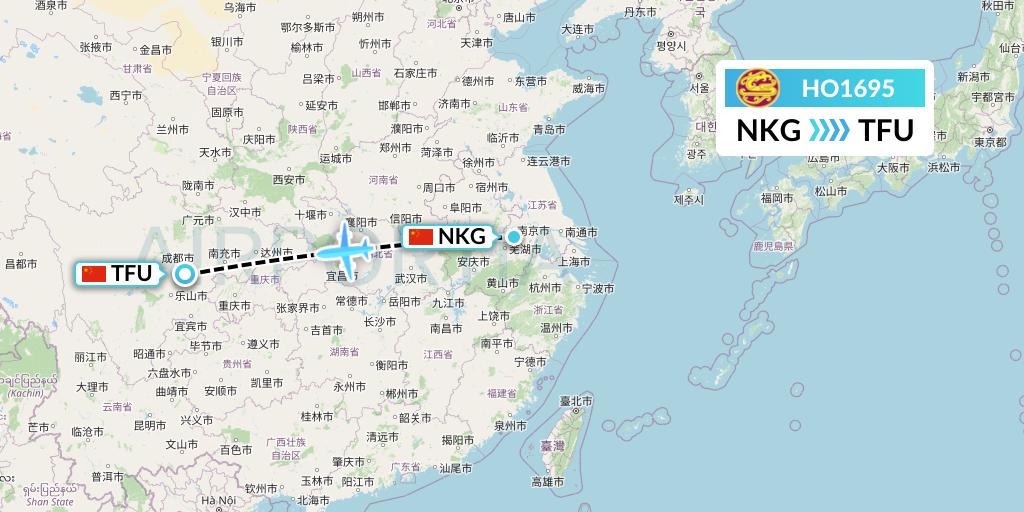 HO1695 Juneyao Airlines Flight Map: Nanjing to Chengdu