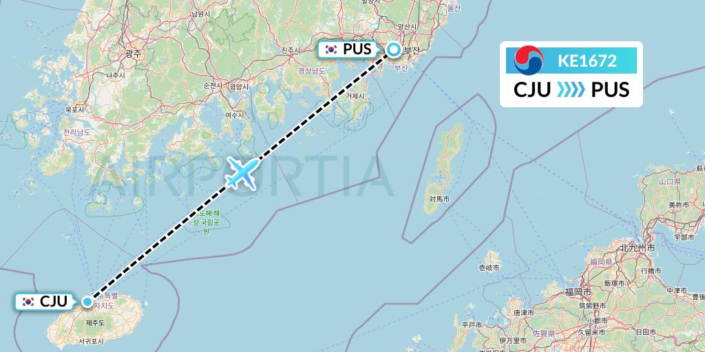 KE1672 Korean Air Flight Map: Jeju to Busan