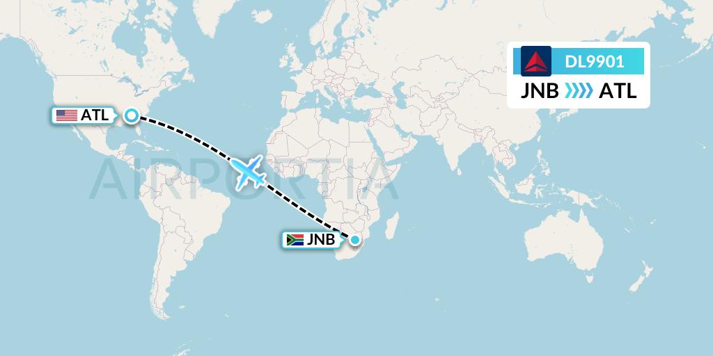DL9901 Delta Air Lines Flight Map: Johannesburg to Atlanta