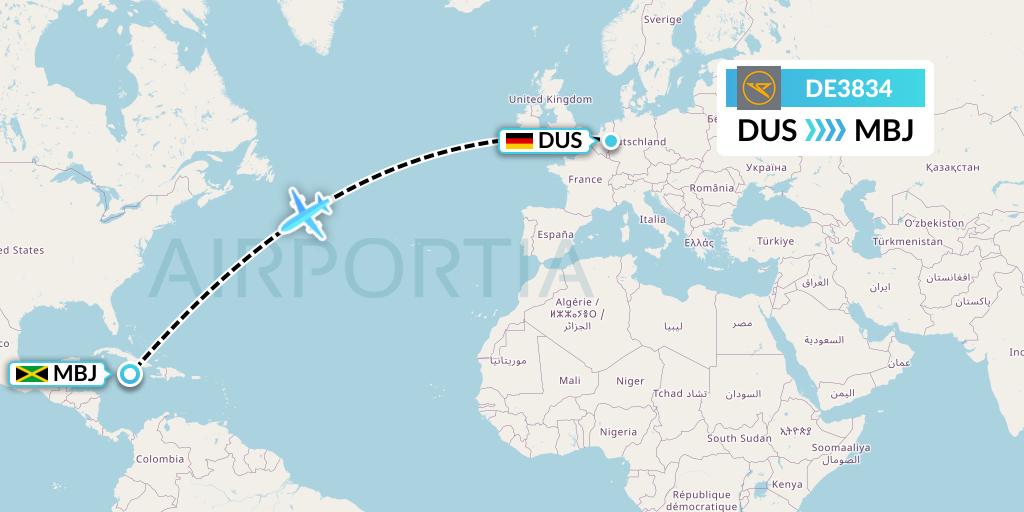 DE3834 Condor Flight Map: Dusseldorf to Montego Bay