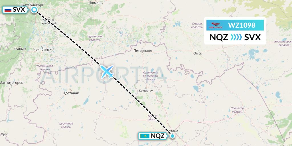WZ1098 Red Wings Flight Map: Astana to Yekaterinburg