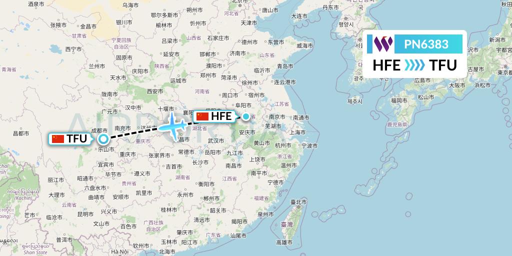 PN6383 China West Air Flight Map: Hefei to Chengdu