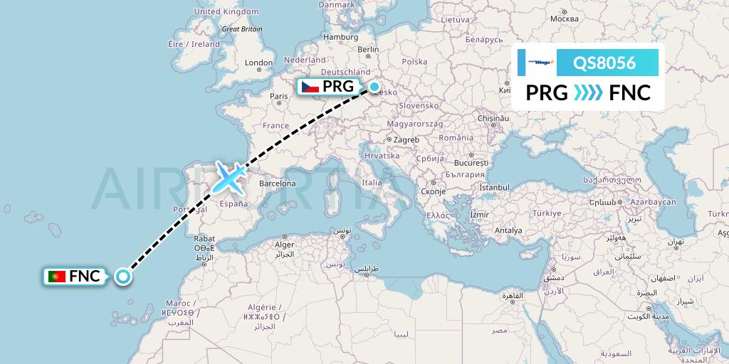 QS8056 Smartwings Flight Map: Prague to Funchal