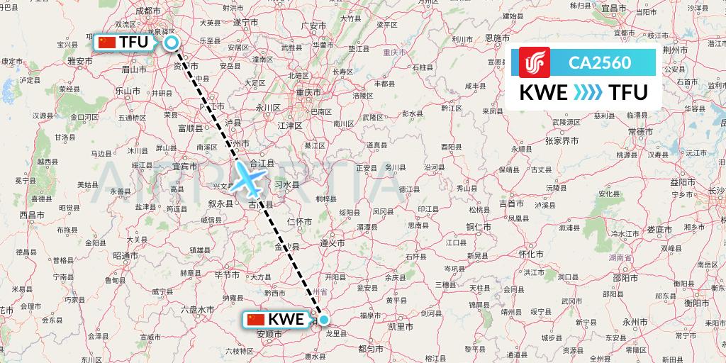 CA2560 Air China Flight Map: Guiyang to Chengdu