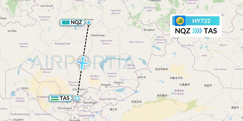 HY722 Uzbekistan Airways Flight Map: Astana to Tashkent