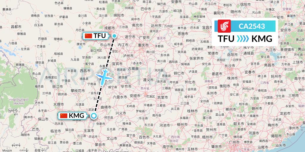 CA2543 Air China Flight Map: Chengdu to Kunming