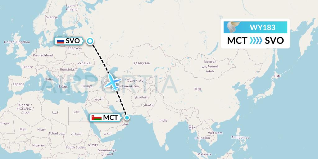 WY183 Oman Air Flight Map: Muscat to Moscow